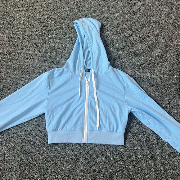 SHEIN Light Pastel Blue & White Zip Up Cropped Hoodie Sweater Lightweight Top S - Picture 4 of 12